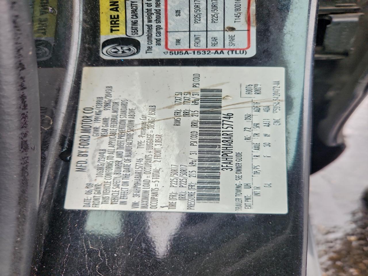 2010 Ford Fusion Se VIN: 3FAHP0HA8AR157746 Lot: 93906435