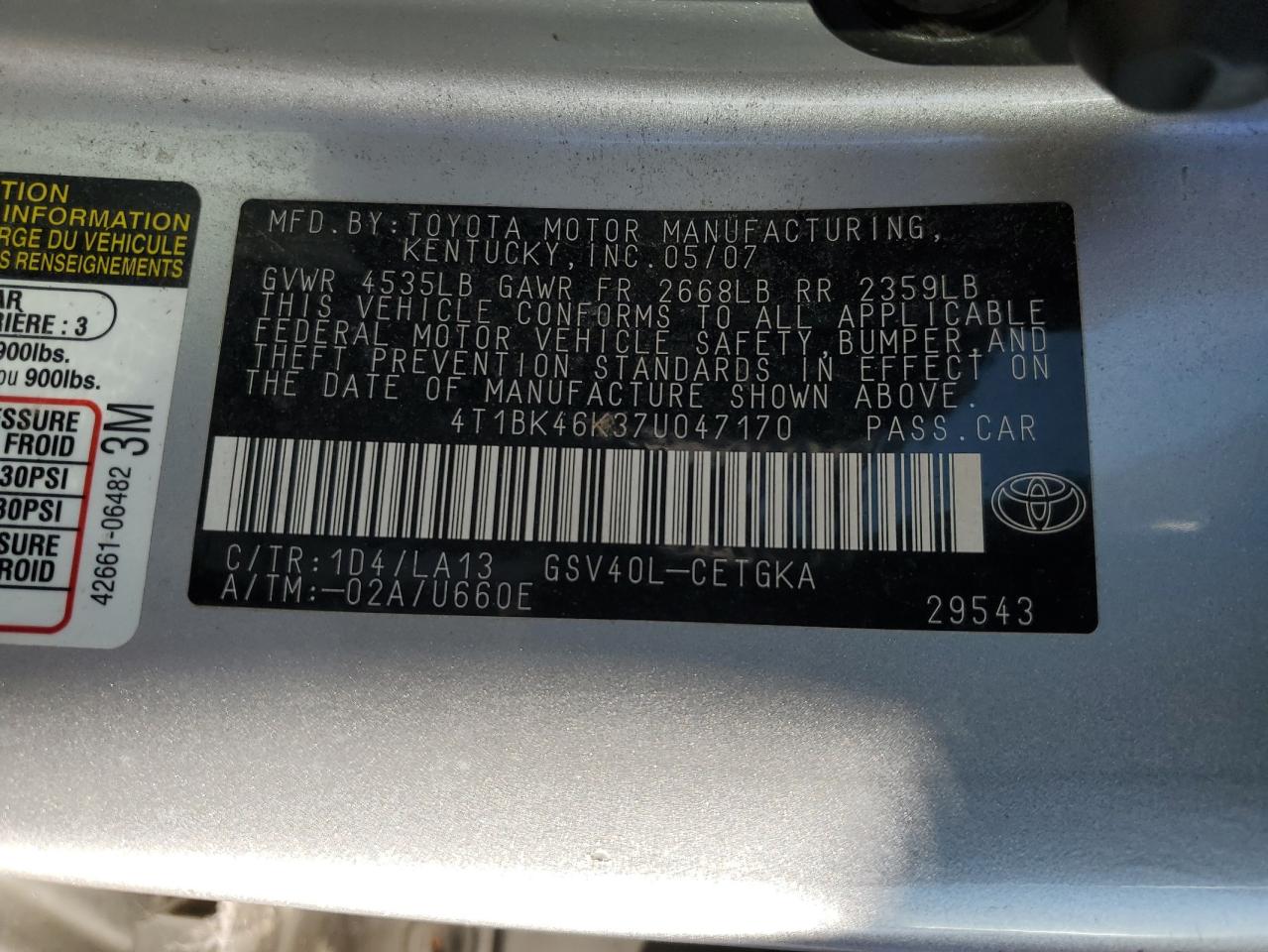 2007 Toyota Camry Le VIN: 4T1BK46K37U047170 Lot: 92434185