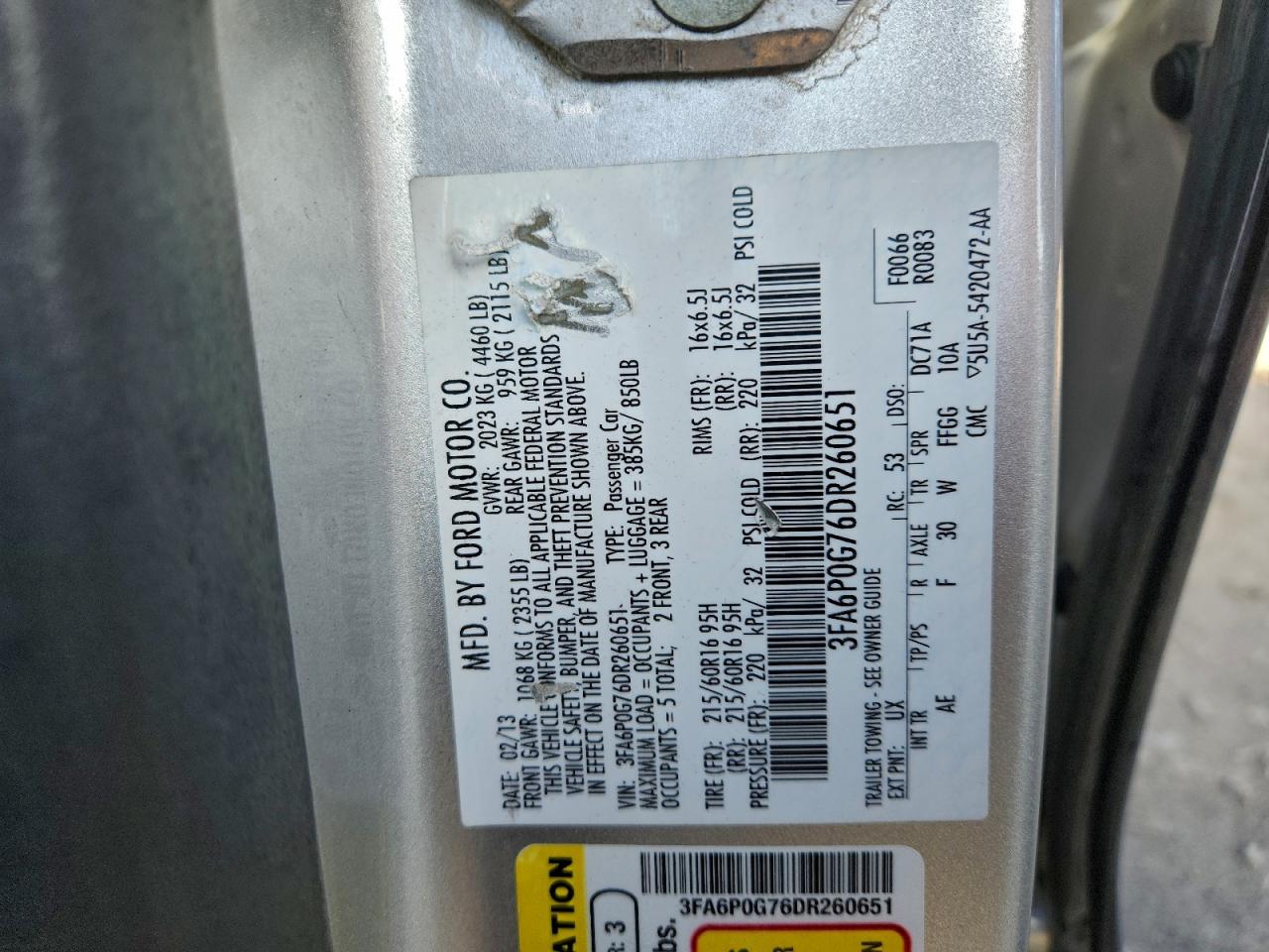 2013 Ford Fusion S VIN: 3FA6P0G76DR260651 Lot: 93274235