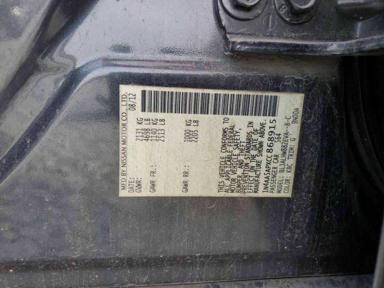 2012 Nissan Maxima S VIN: 1N4AA5APXCC868915 Lot: 93643195