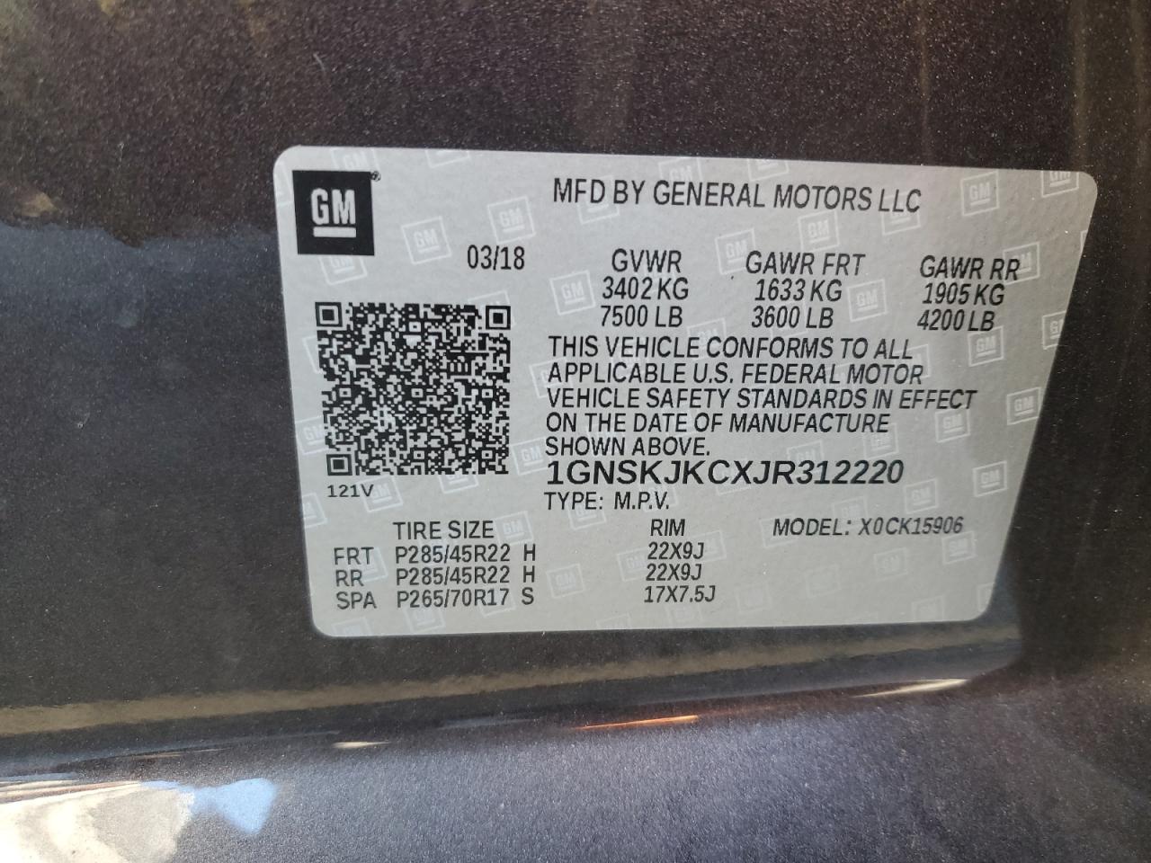 2018 Chevrolet Suburban K1500 Premier VIN: 1GNSKJKCXJR312220 Lot: 93110595