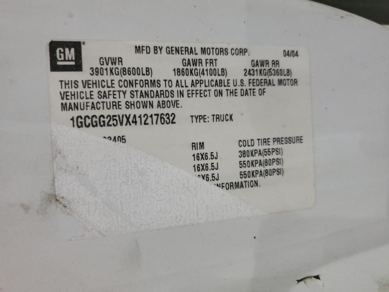 2004 Chevrolet Express 2500 Delivery Van VIN: 1GCGG25VX41217632 Lot: 90927045