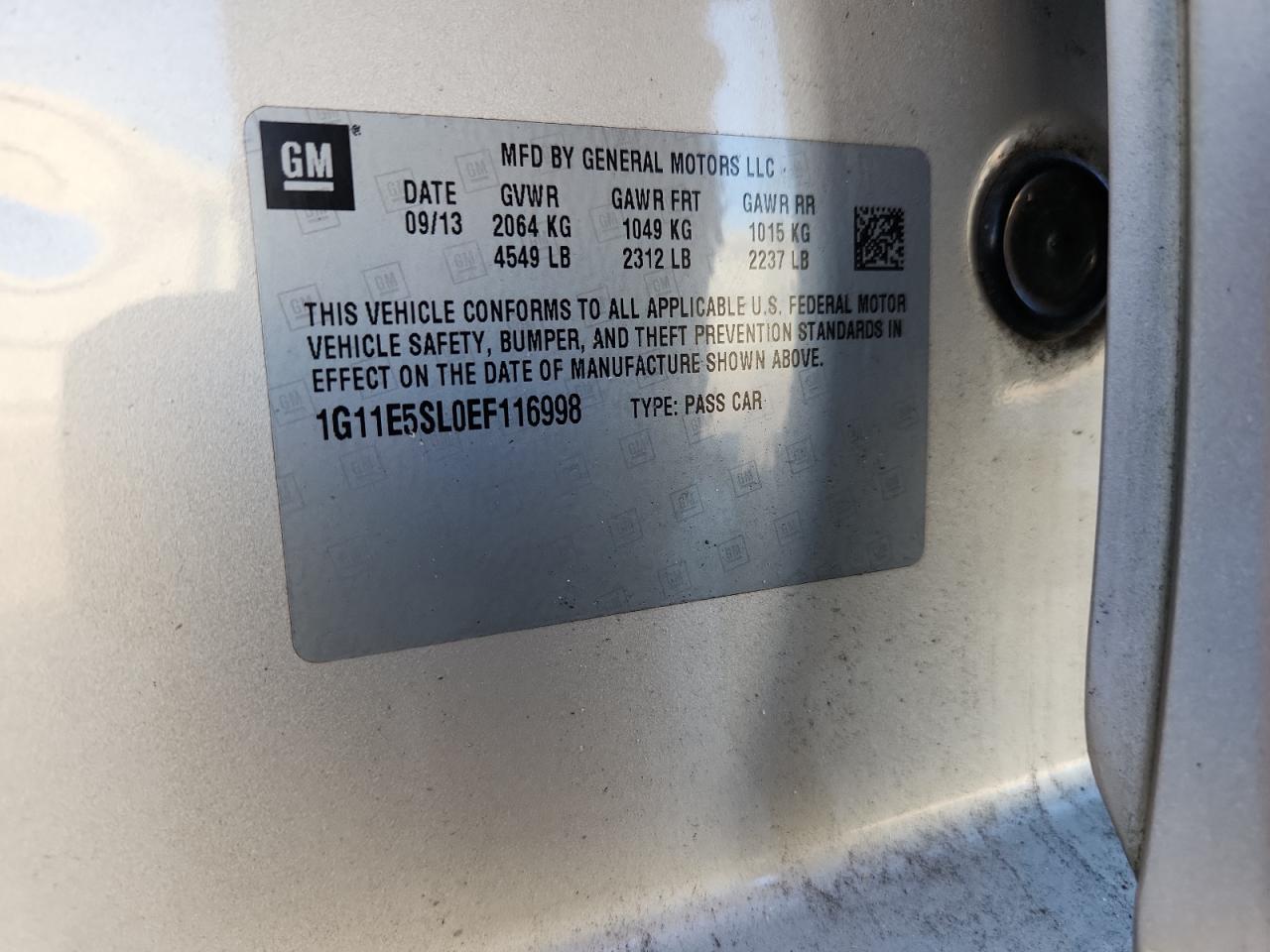 2014 Chevrolet Malibu 2Lt VIN: 1G11E5SL0EF116998 Lot: 93677925