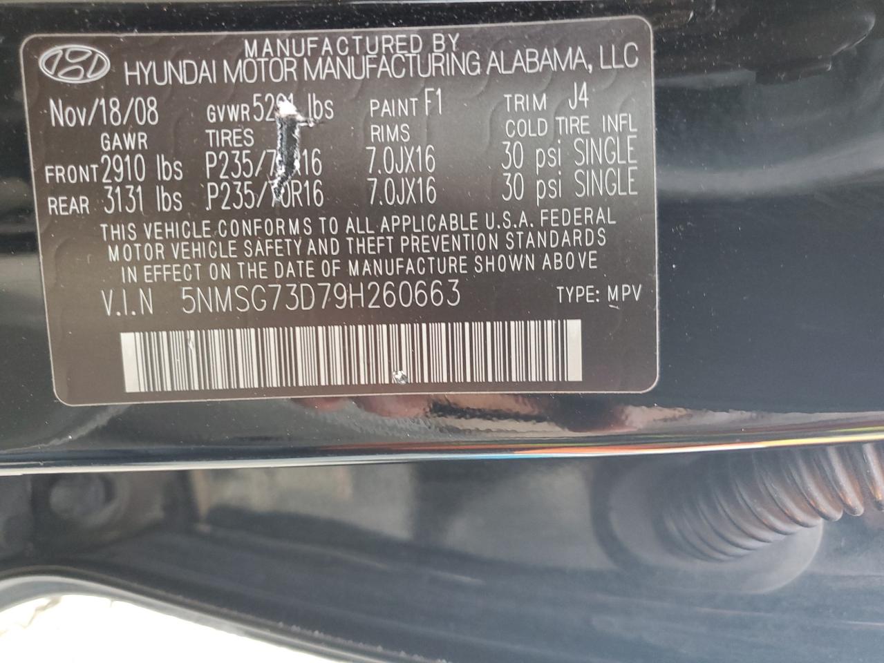 2009 Hyundai Santa Fe Gls VIN: 5NMSG73D79H260663 Lot: 90218635