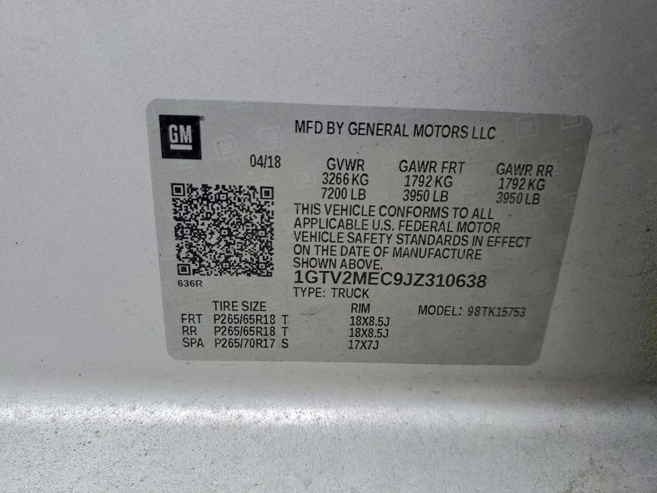 2018 GMC Sierra K1500 Sle VIN: 1GTV2MEC9JZ310638 Lot: 94147265