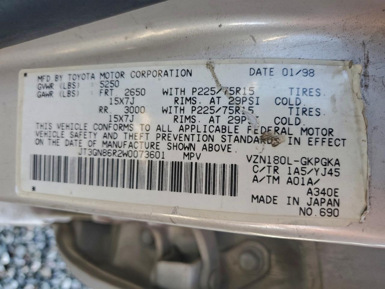 1998 Toyota 4Runner Sr5 VIN: JT3GN86R2W0073601 Lot: 93959035