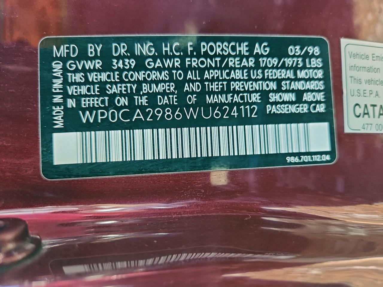 1998 Porsche Boxster VIN: WP0CA2986WU624112 Lot: 93742115