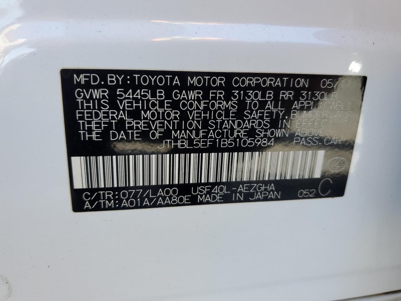 2011 Lexus Ls 460 VIN: JTHBL5EF1B5105984 Lot: 92319775