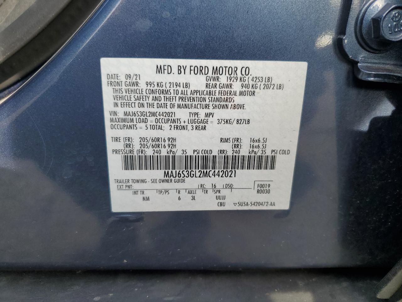 2021 Ford Ecosport Se VIN: MAJ6S3GL2MC442021 Lot: 91800115