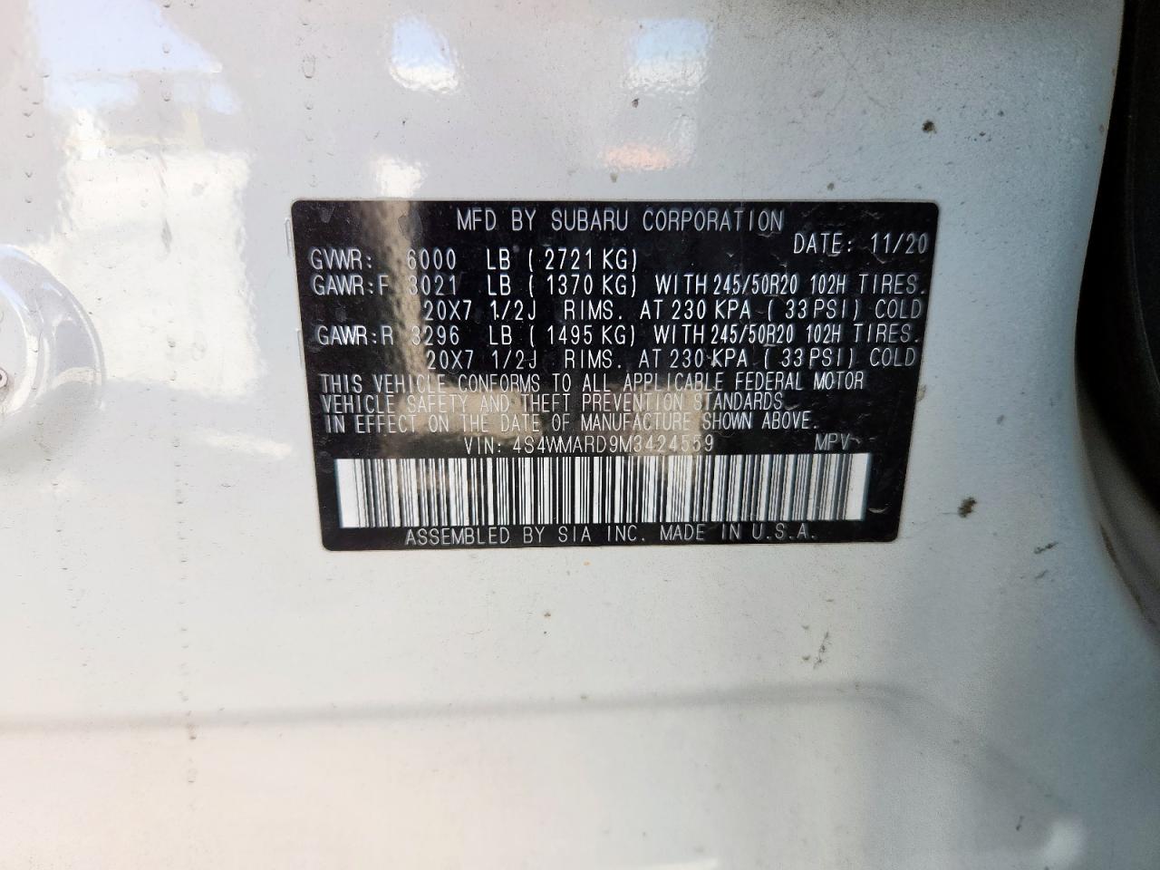 2021 Subaru Ascent Touring VIN: 4S4WMARD9M3424559 Lot: 92532675