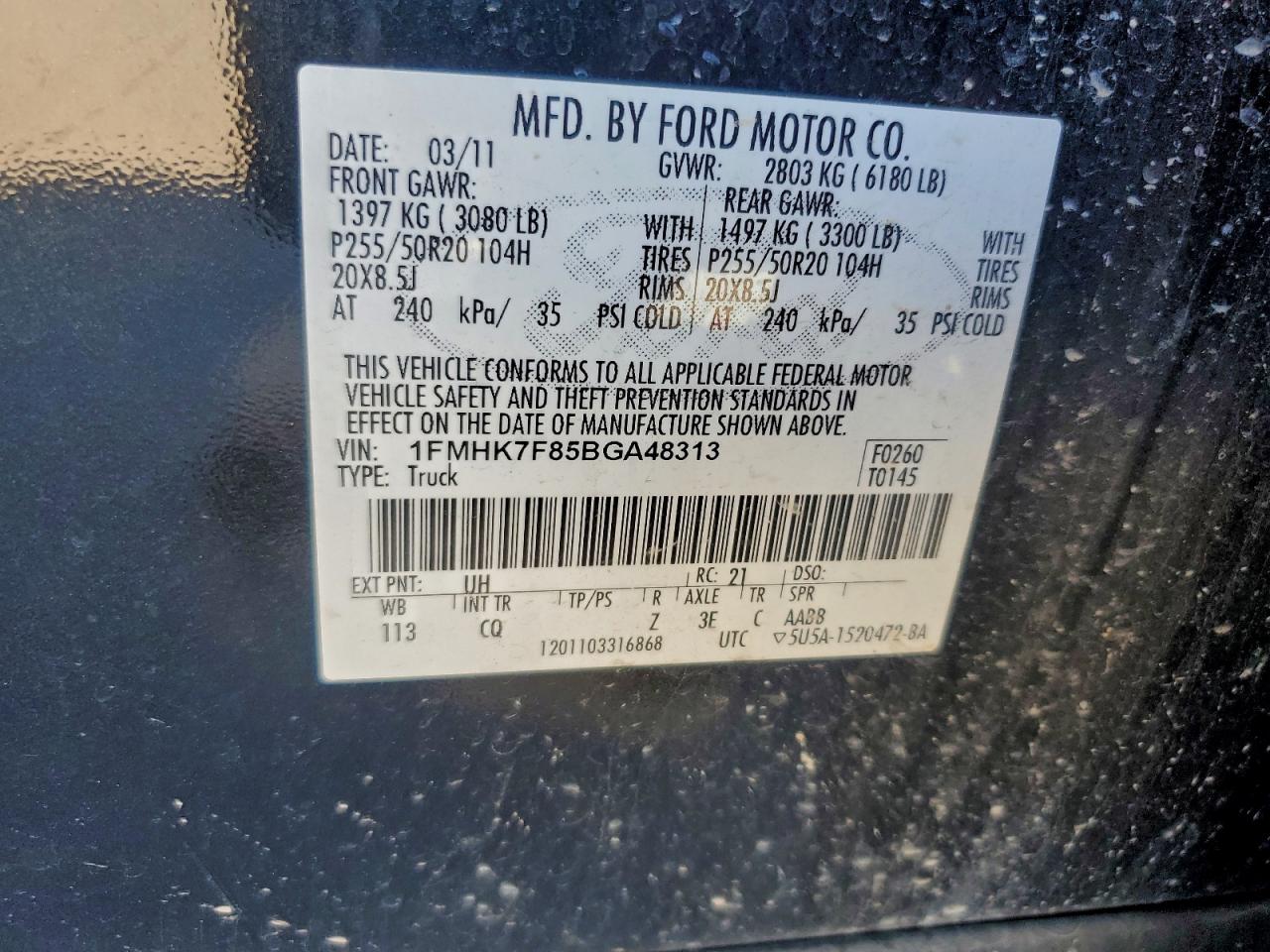 2011 Ford Explorer Limited VIN: 1FMHK7F85BGA48313 Lot: 93905595