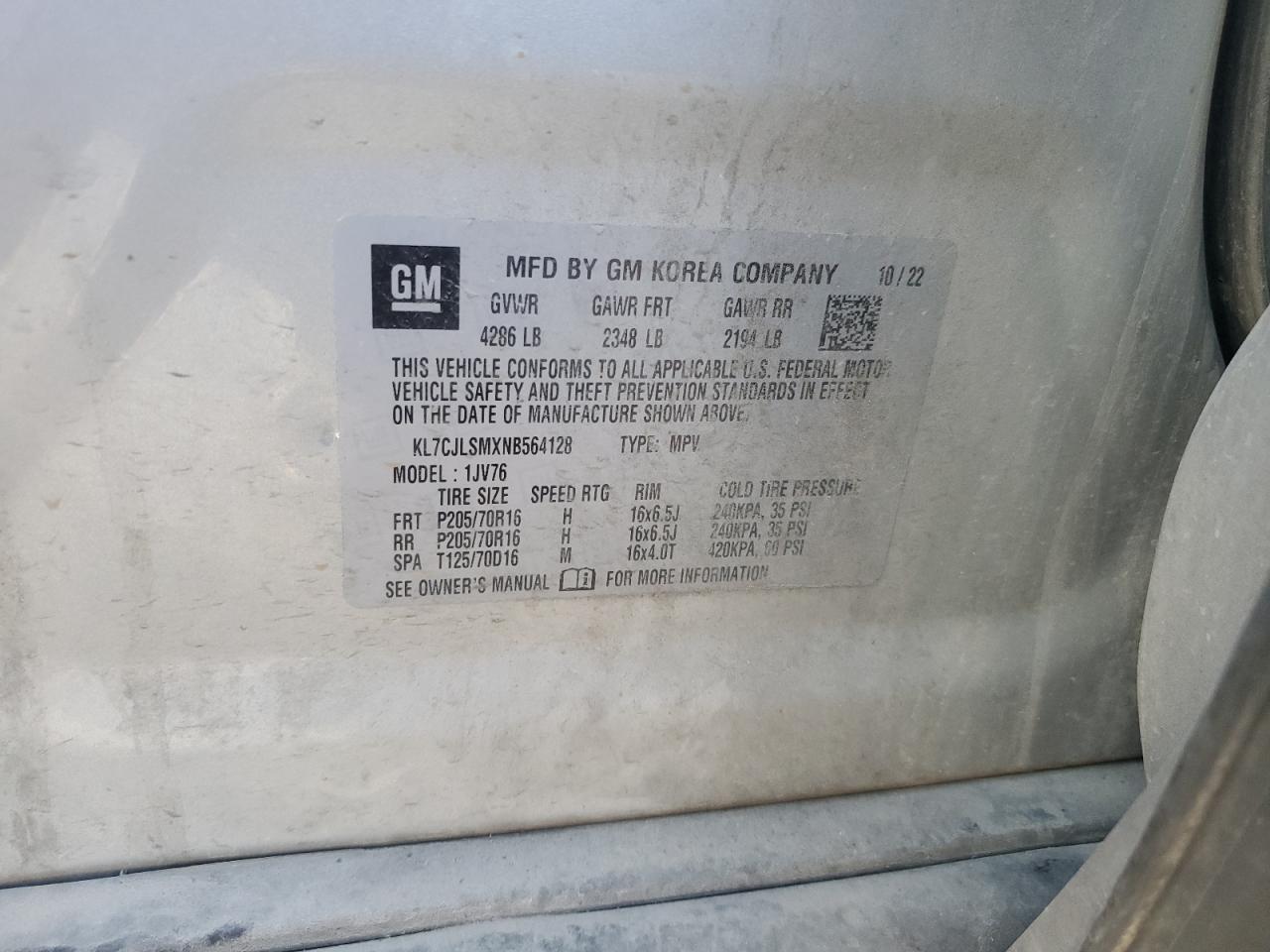 2022 Chevrolet Trax 1Lt VIN: KL7CJLSMXNB564128 Lot: 92380765