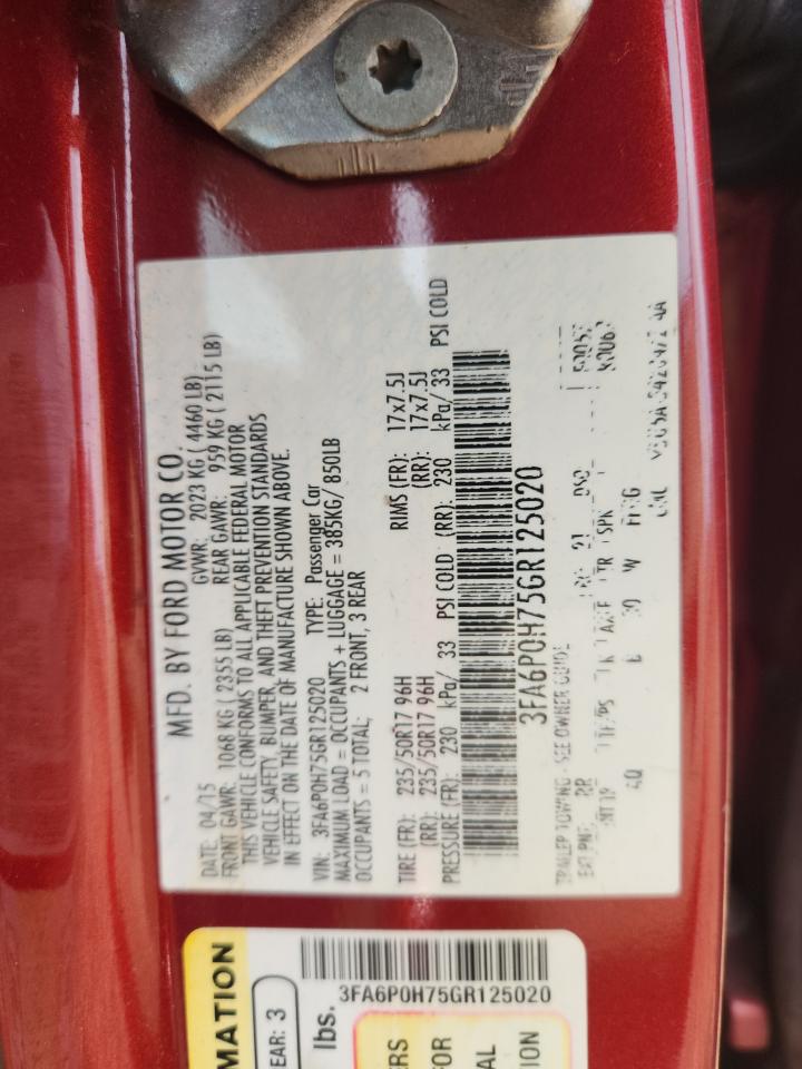 2016 Ford Fusion Se VIN: 3FA6P0H75GR125020 Lot: 92750715