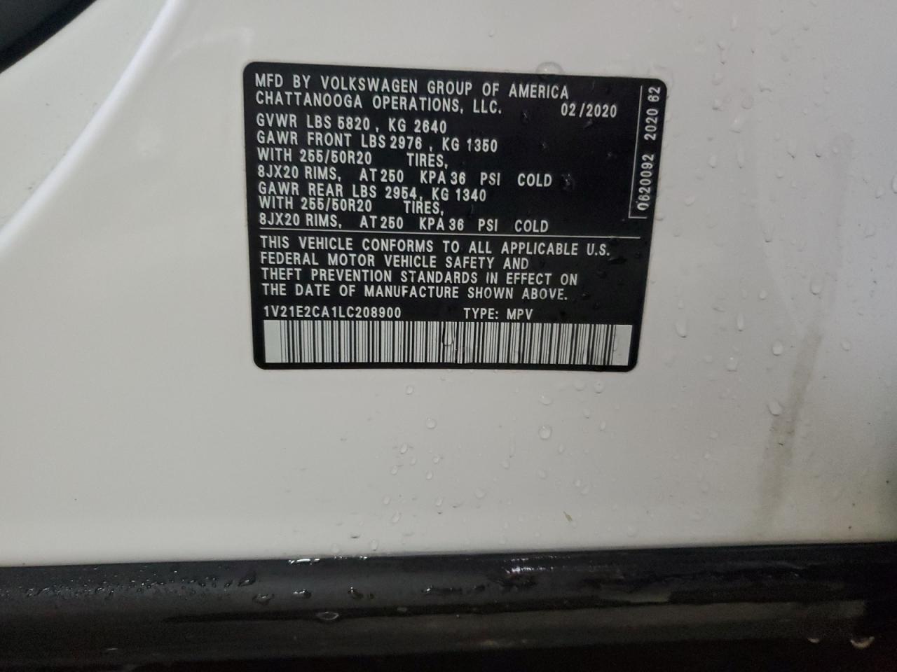 2020 Volkswagen Atlas Cross Sport Se VIN: 1V21E2CA1LC208900 Lot: 91877355
