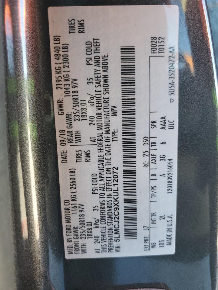 2019 Lincoln Mkc Select VIN: 5LMCJ2C9XKUL12072 Lot: 92298905