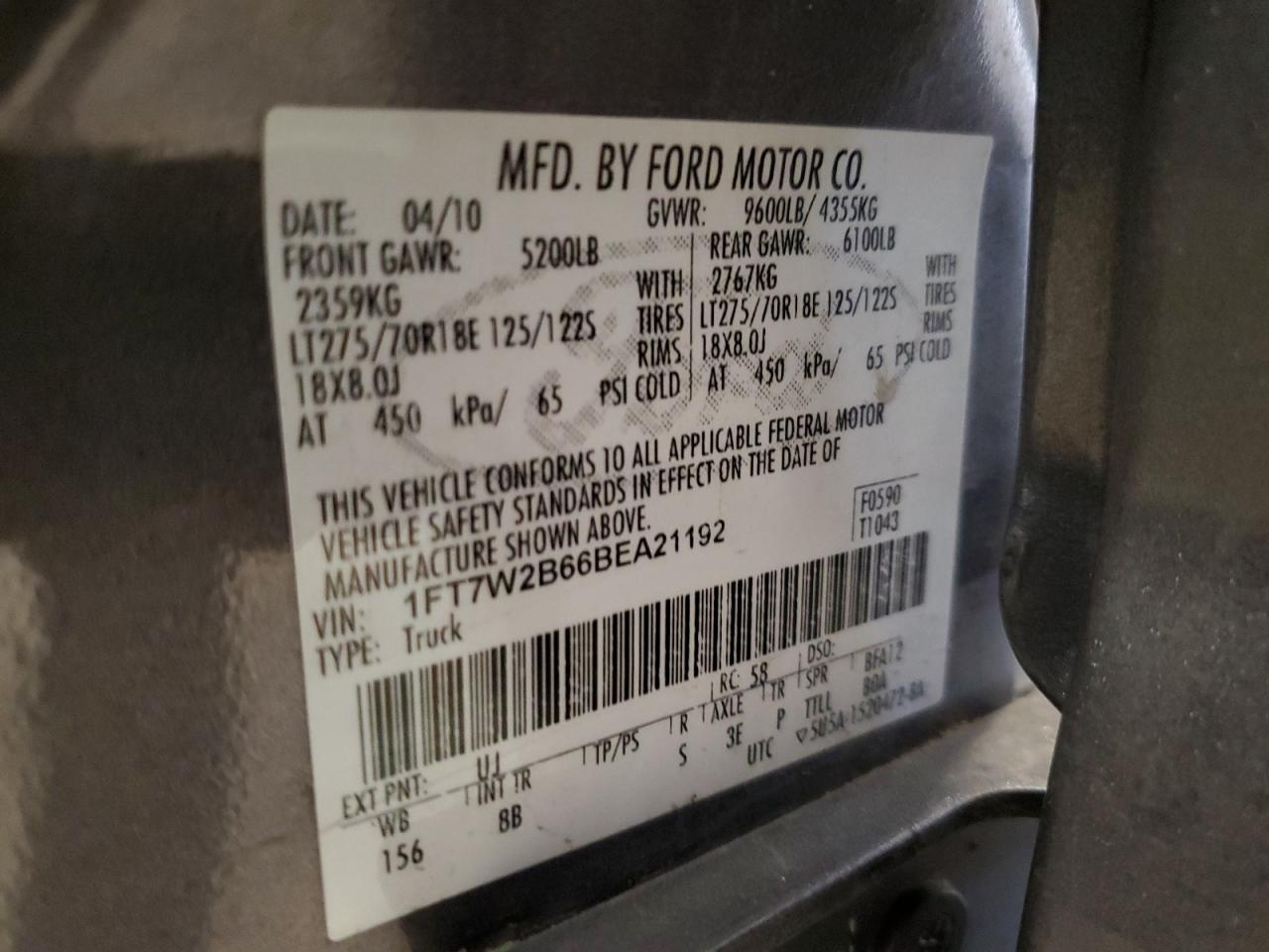 2011 Ford F250 Super Duty VIN: 1FT7W2B66BEA21192 Lot: 91068875