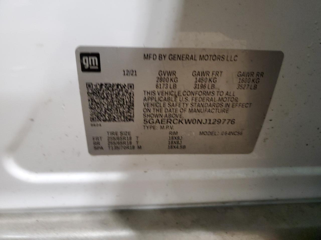 2022 Buick Enclave Premium VIN: 5GAERCKW0NJ129776 Lot: 93410885