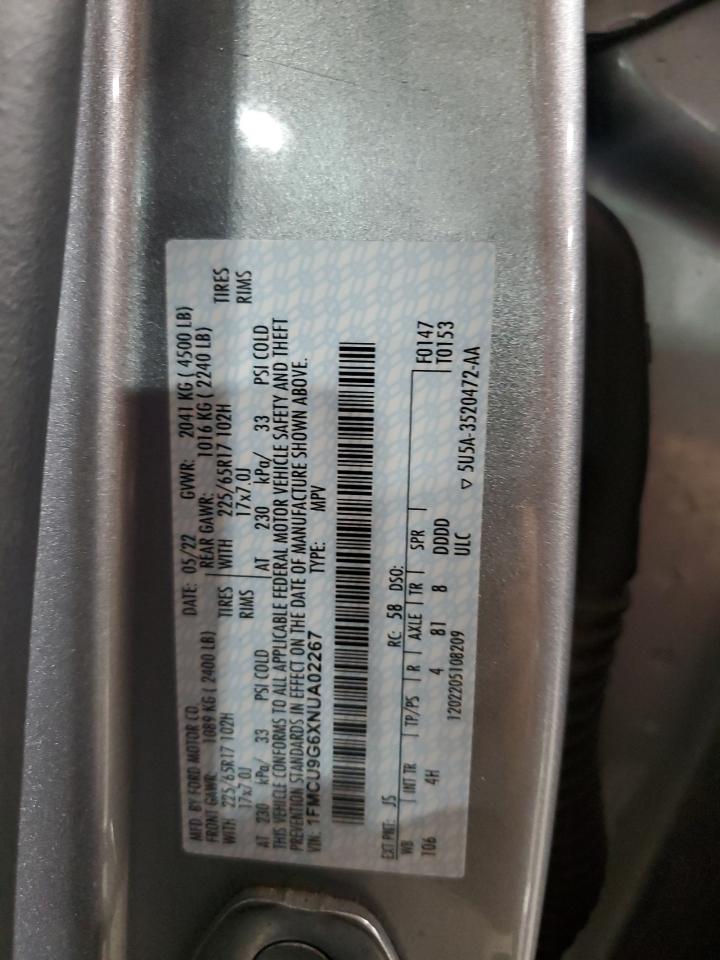 2022 Ford Escape Se VIN: 1FMCU9G6XNUA02267 Lot: 93031355