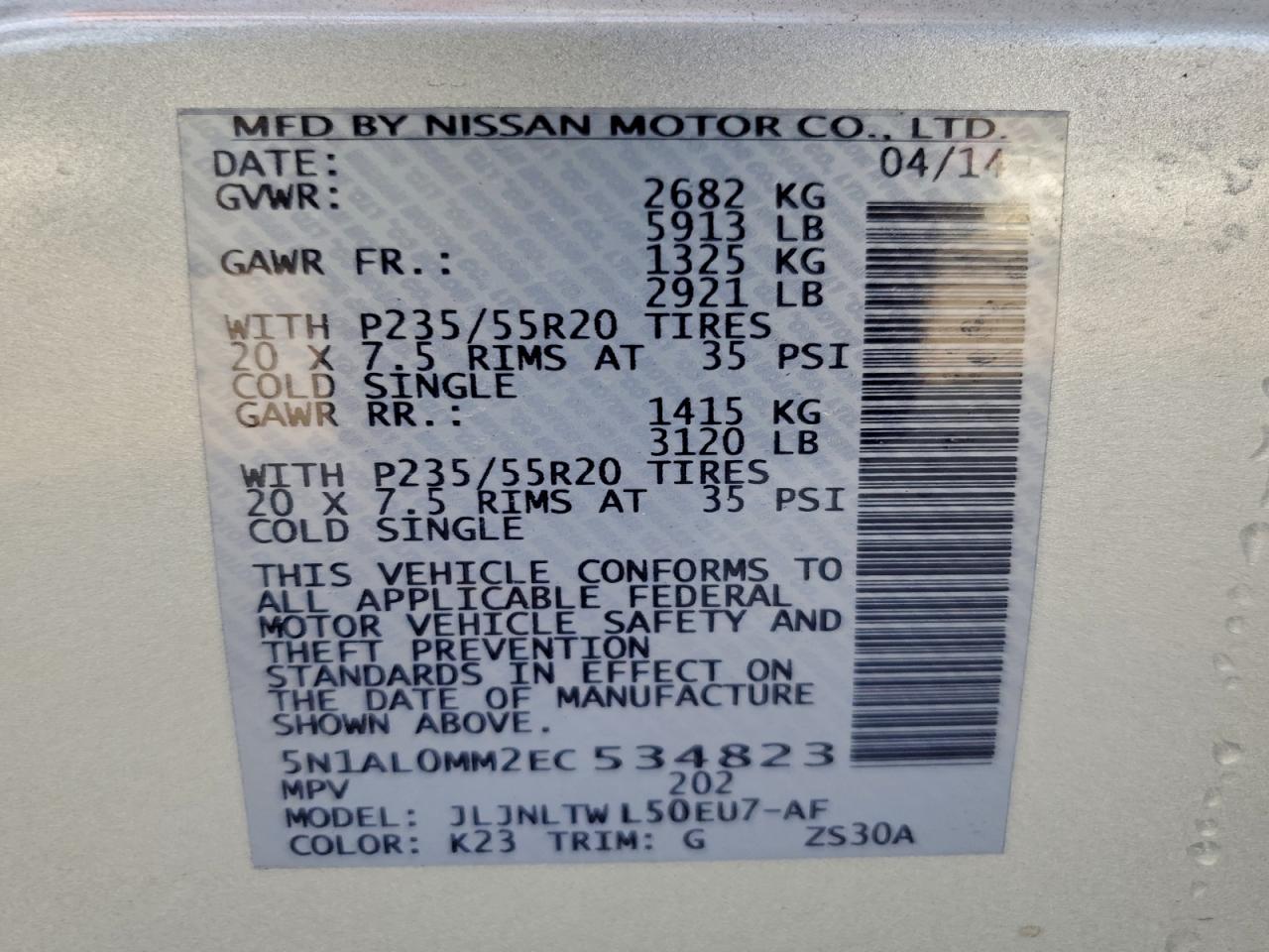 2014 Infiniti Qx60 VIN: 5N1AL0MM2EC534823 Lot: 93126055