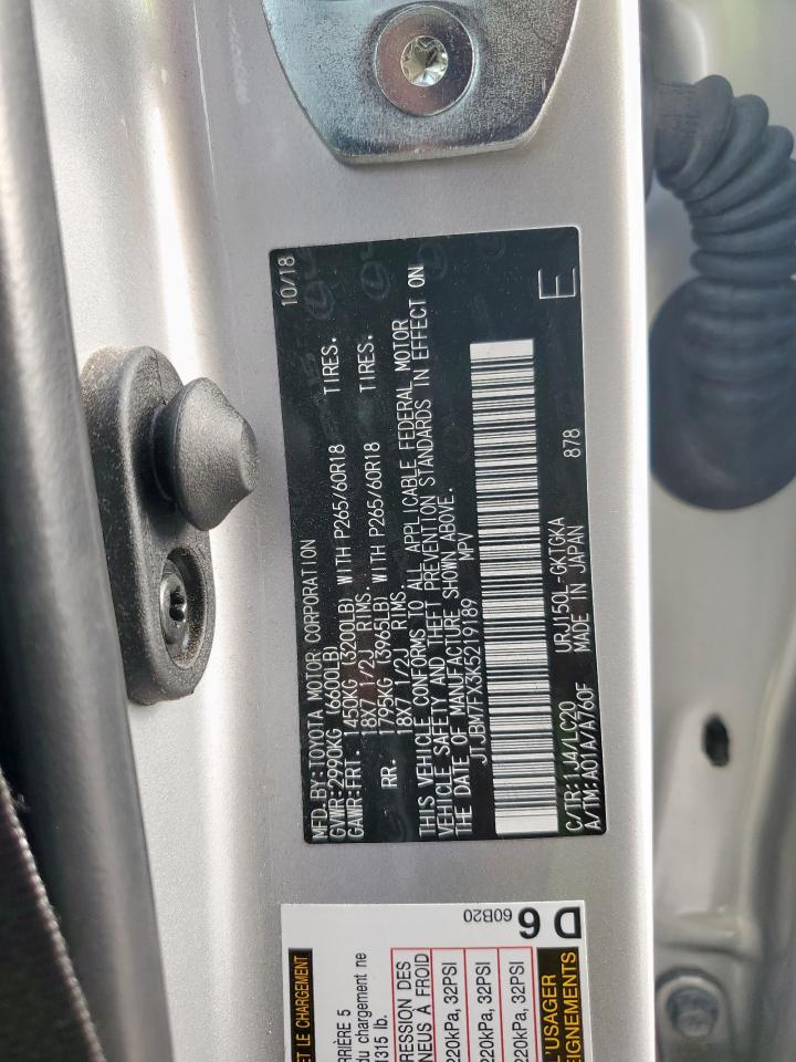 2019 Lexus Gx 460 VIN: JTJBM7FX3K5219189 Lot: 92831235