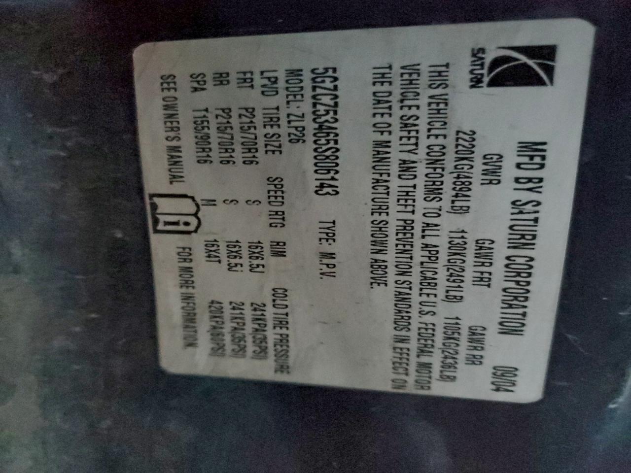 2005 Saturn Vue VIN: 5GZCZ53465S806143 Lot: 94041175