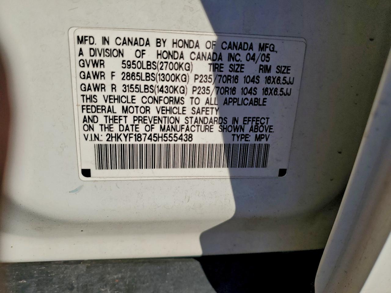 2005 Honda Pilot Exl VIN: 2HKYF18745H555438 Lot: 94581865