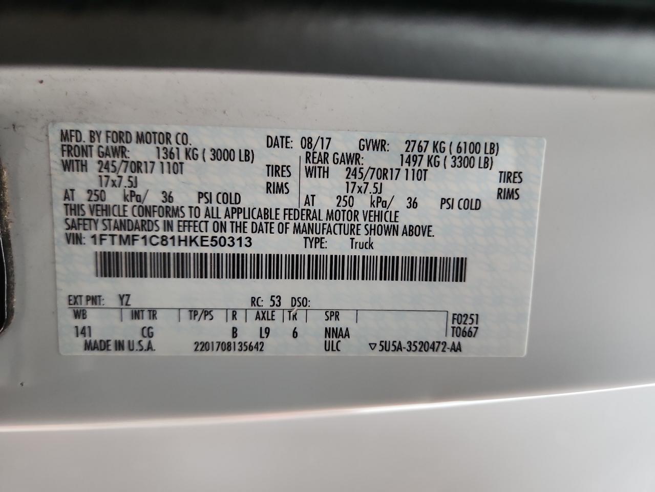 2017 Ford F150 VIN: 1FTMF1C81HKE50313 Lot: 92701715