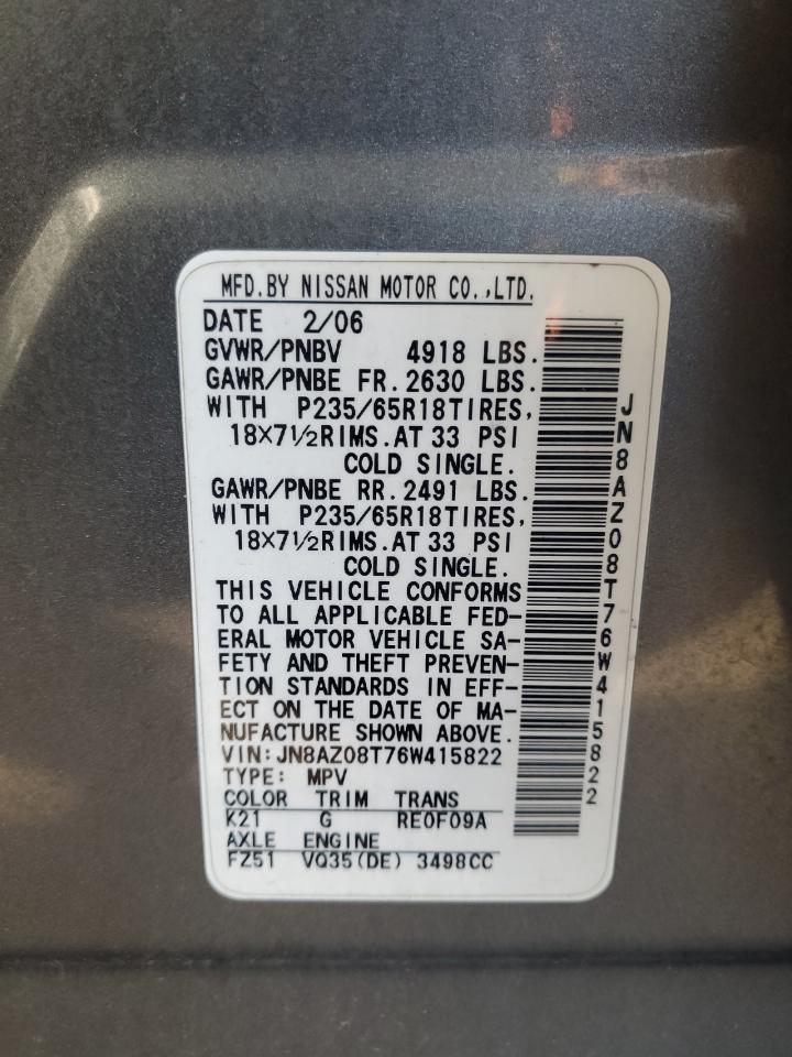 2006 Nissan Murano Sl VIN: JN8AZ08T76W415822 Lot: 92225765