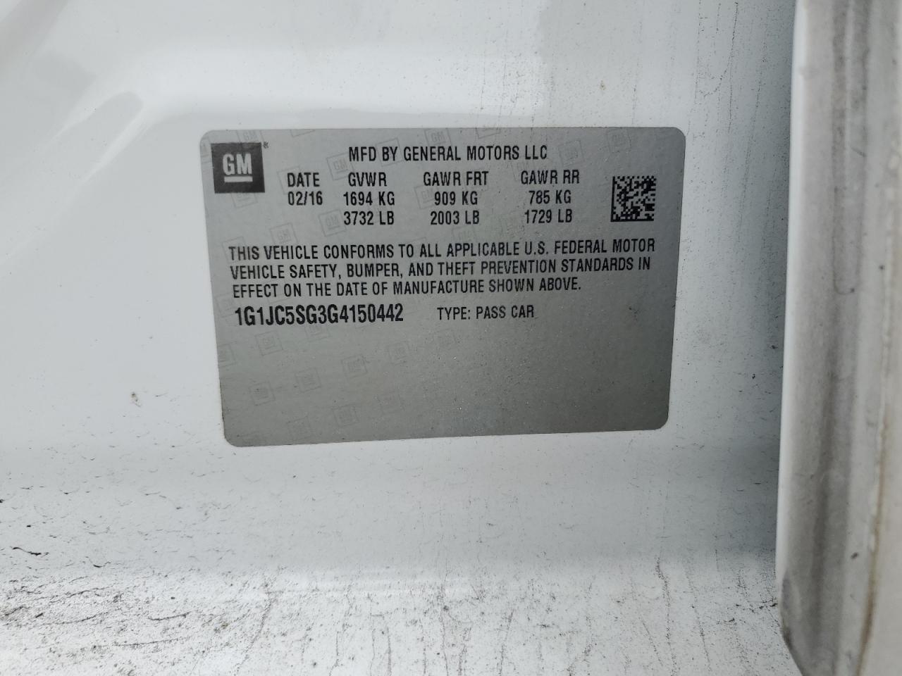 2016 Chevrolet Sonic Lt VIN: 1G1JC5SG3G4150442 Lot: 90985715