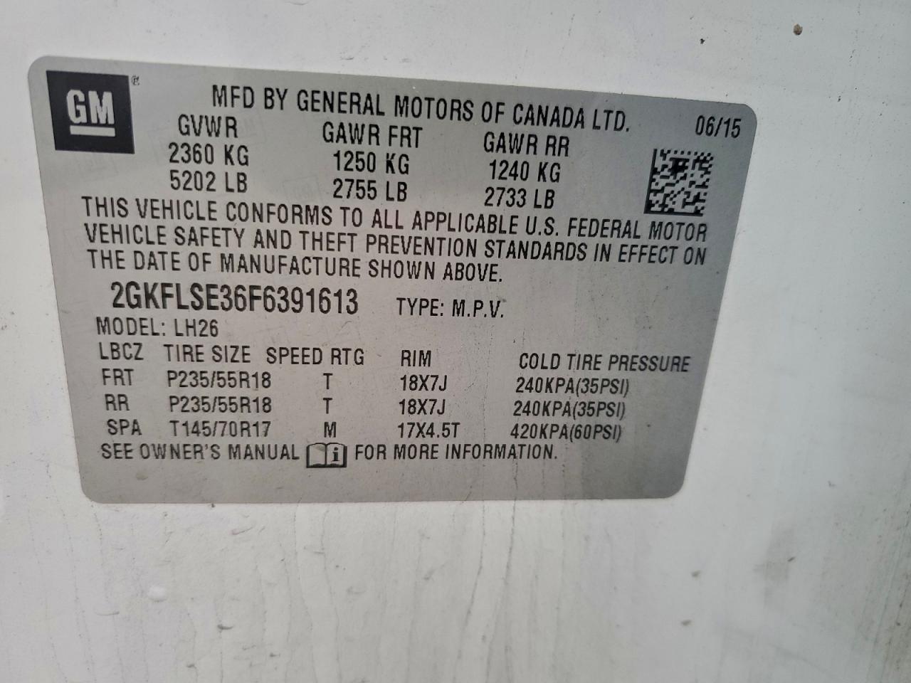 2015 GMC Terrain Slt VIN: 2GKFLSE36F6391613 Lot: 94311495