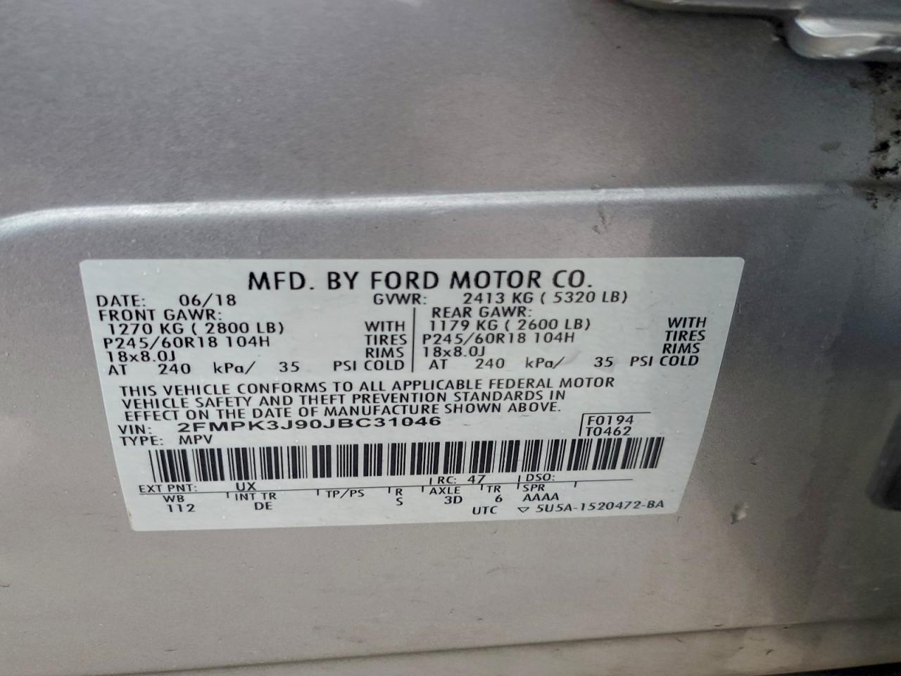 2018 Ford Edge Sel VIN: 2FMPK3J90JBC31046 Lot: 93448245