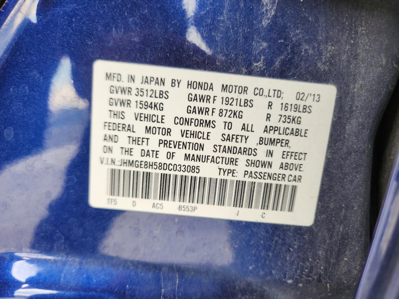 2013 Honda Fit Sport VIN: JHMGE8H58DC033085 Lot: 92514985