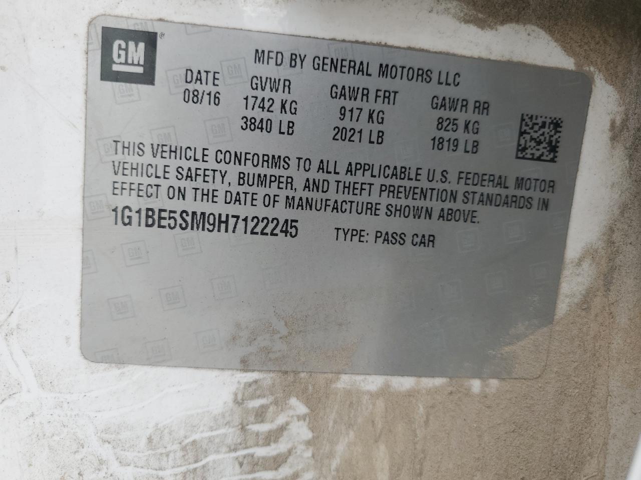 2017 Chevrolet Cruze Lt VIN: 1G1BE5SM9H7122245 Lot: 92784285