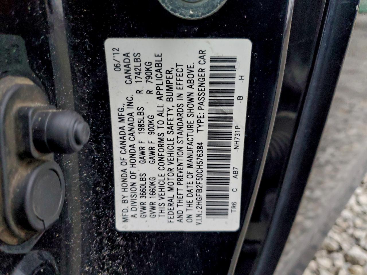 2012 Honda Civic Lx VIN: 2HGFB2F50CH576384 Lot: 92764695