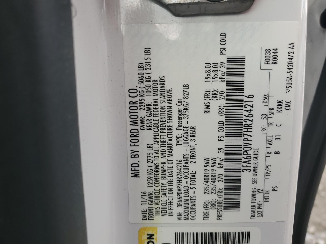 2017 Ford Fusion Sport VIN: 3FA6P0VP7HR264216 Lot: 93030895