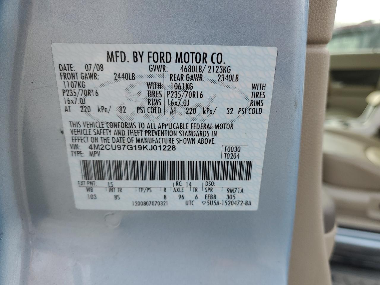 2009 Mercury Mariner Premier VIN: 4M2CU97G19KJ01228 Lot: 92411535