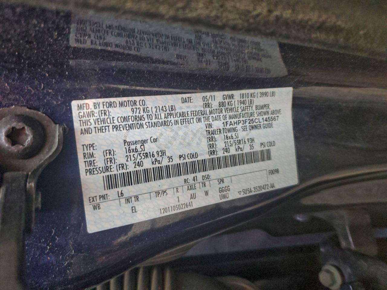 2012 Ford Focus Se VIN: 1FAHP3F25CL145567 Lot: 94644725