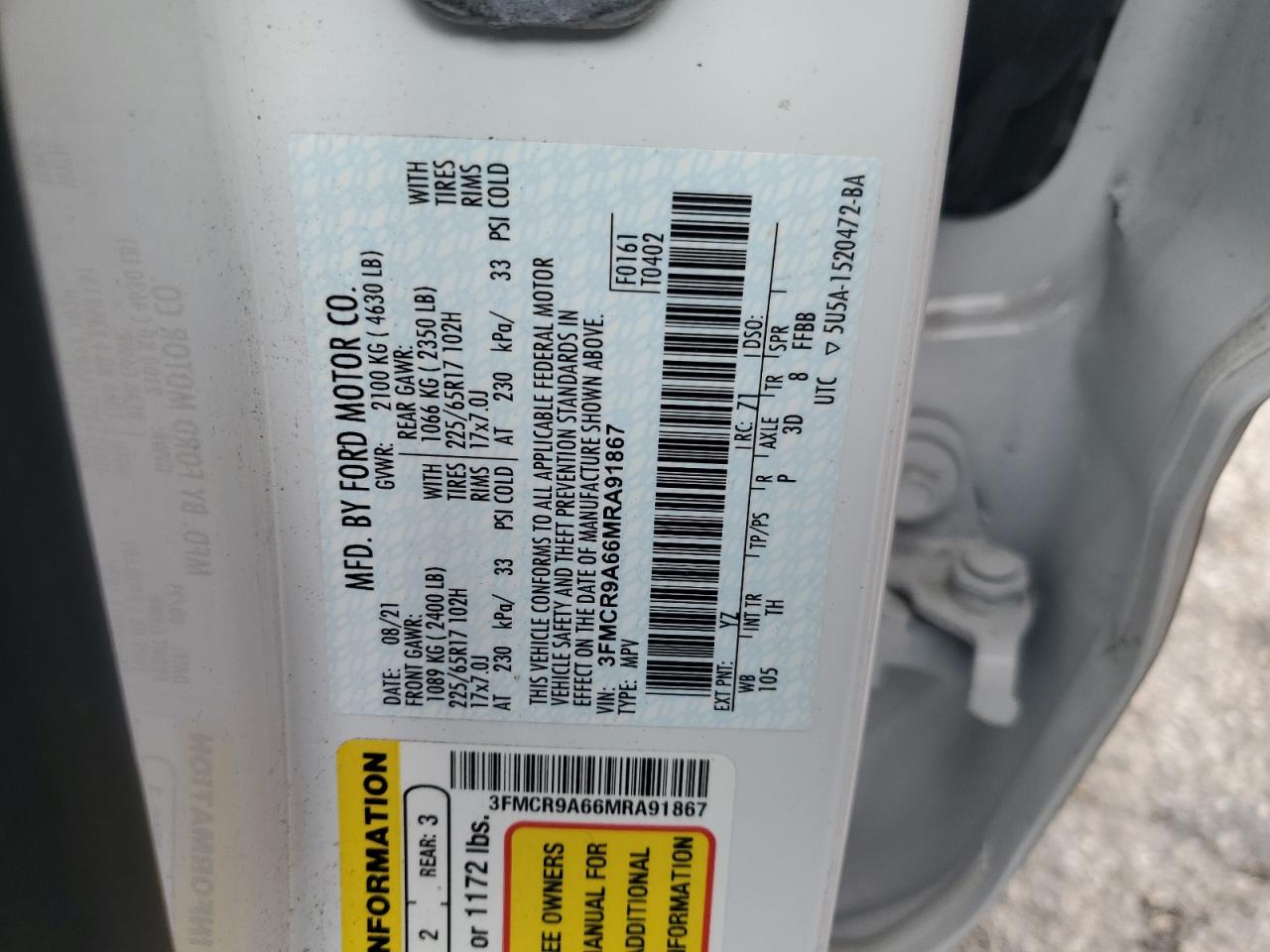 2021 Ford Bronco Sport VIN: 3FMCR9A66MRA91867 Lot: 92318835