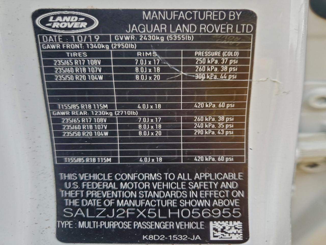 2020 Land Rover Range Rover Evoque S VIN: SALZJ2FX5LH056955 Lot: 94119445