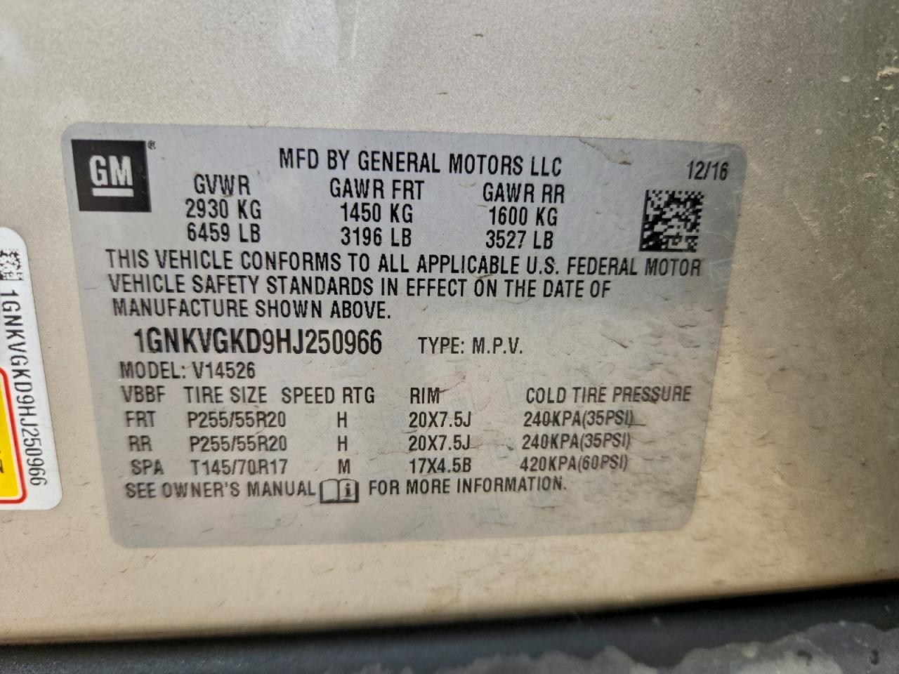 2017 Chevrolet Traverse Lt VIN: 1GNKVGKD9HJ250966 Lot: 94330605