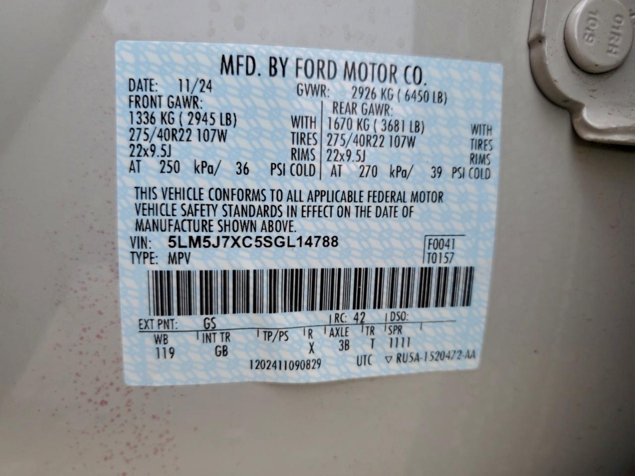 2025 Lincoln Aviator Reserve VIN: 5LM5J7XC5SGL14788 Lot: 94109375