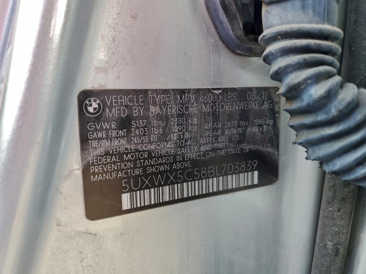 2011 BMW X3 xDrive28I VIN: 5UXWX5C58BL703839 Lot: 93635825