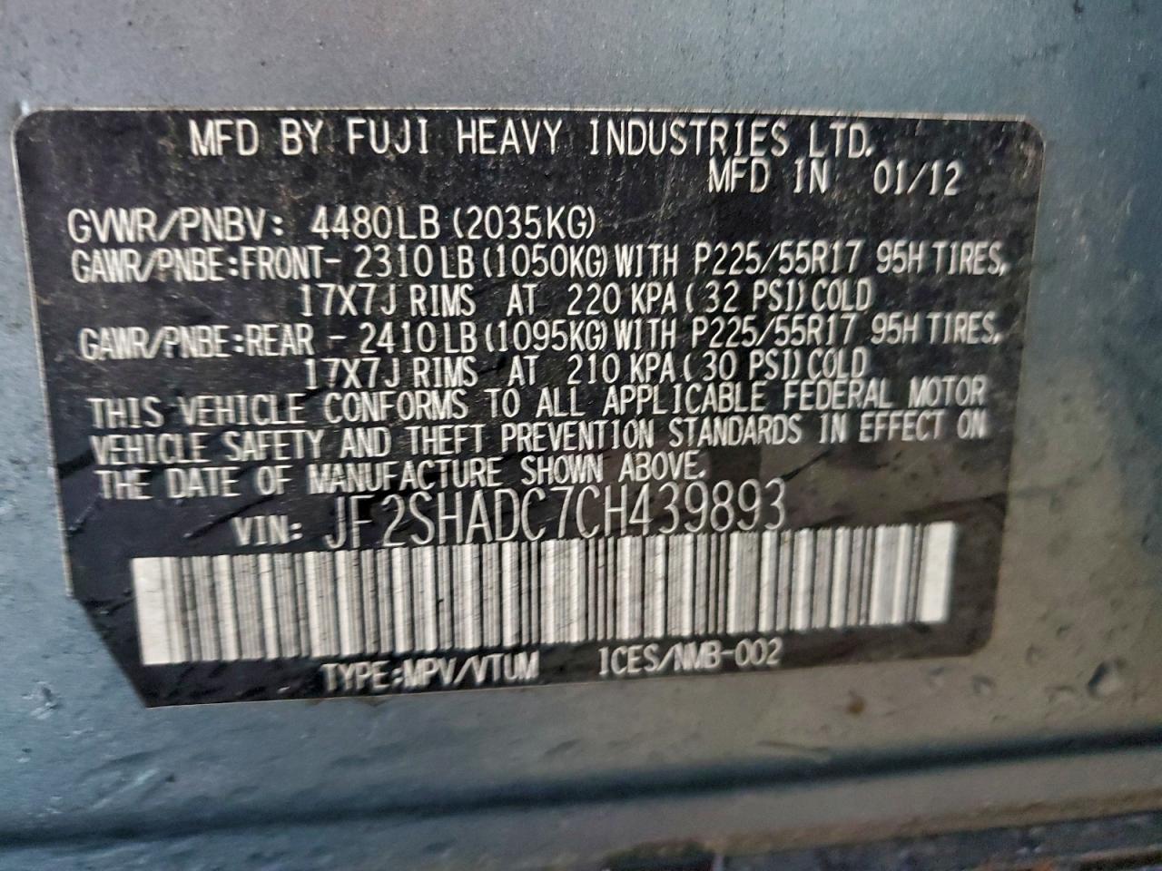 2012 Subaru Forester 2.5X Premium VIN: JF2SHADC7CH439893 Lot: 94142965