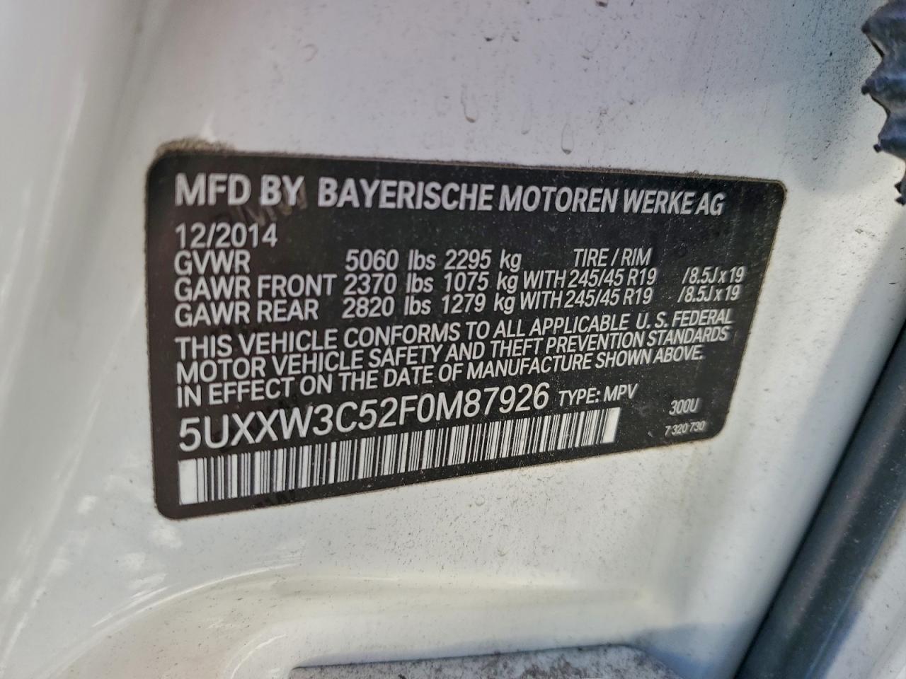 2015 BMW X4 xDrive28I VIN: 5UXXW3C52F0M87926 Lot: 94218295