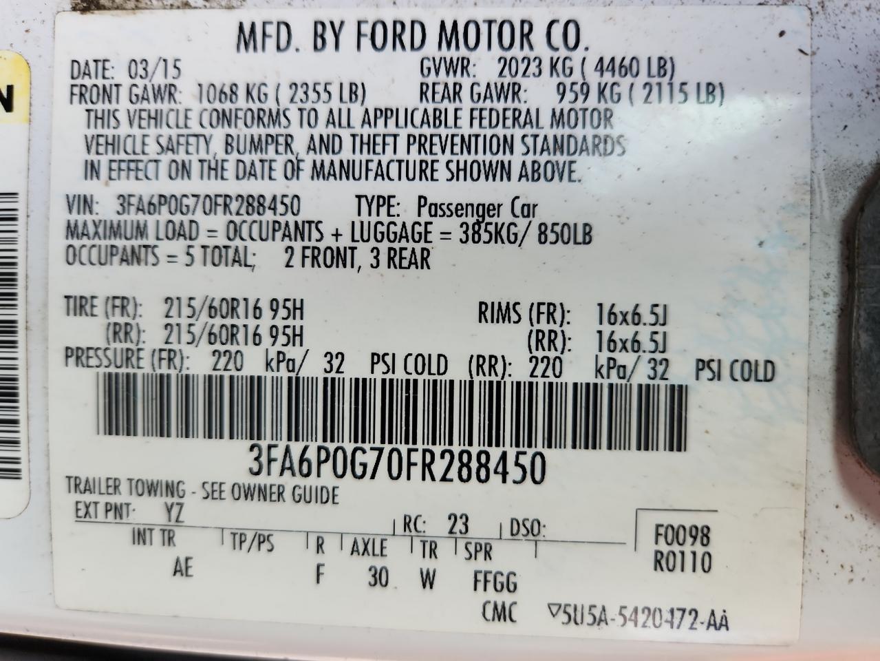 2015 Ford Fusion S VIN: 3FA6P0G70FR288450 Lot: 92658025