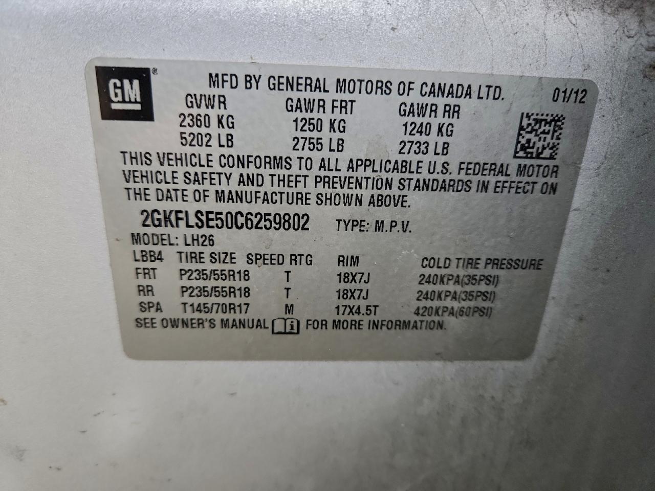 2012 GMC Terrain Sle VIN: 2GKFLSE50C6259802 Lot: 94262775