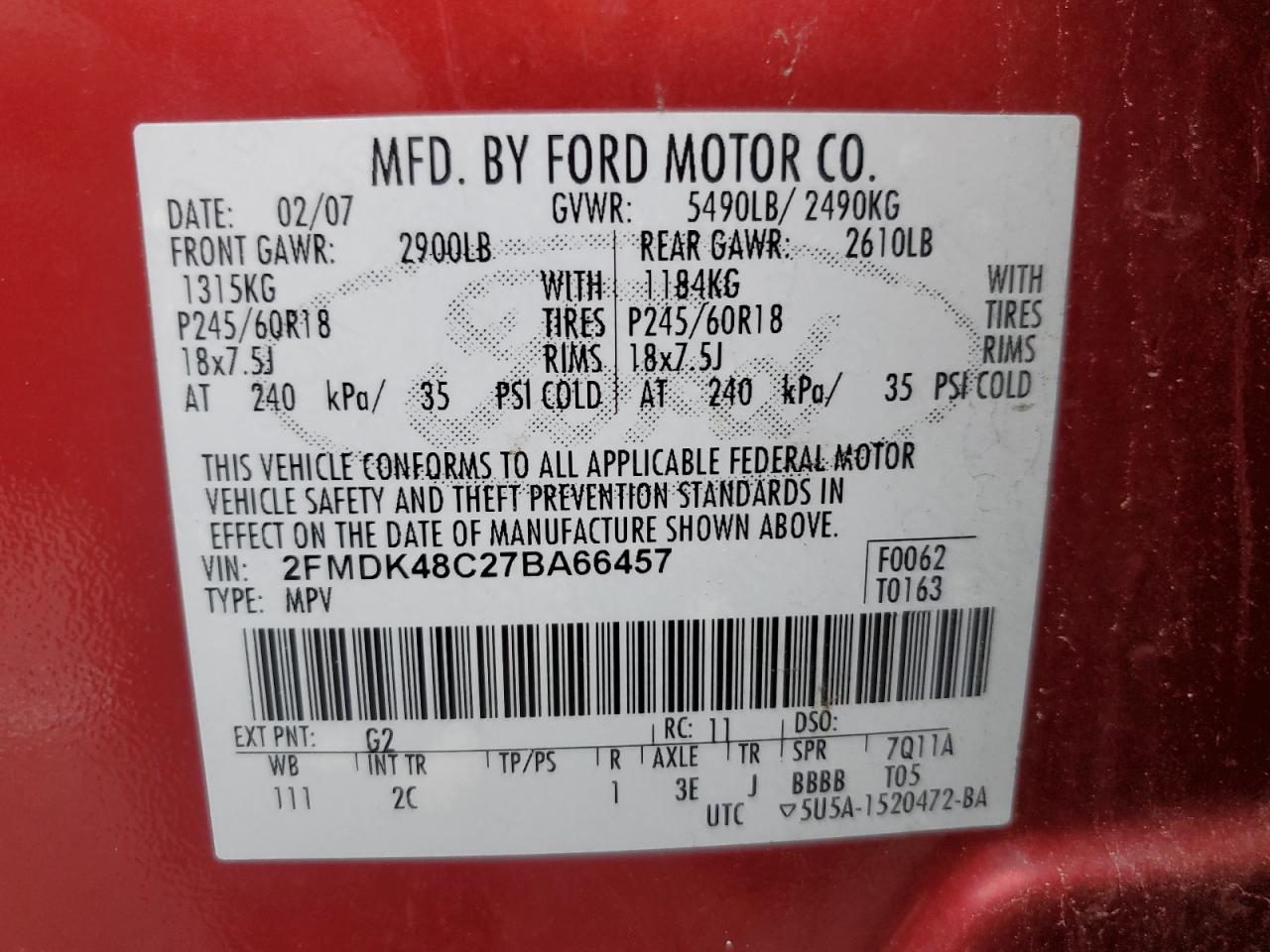 2007 Ford Edge Sel VIN: 2FMDK48C27BA66457 Lot: 92691745