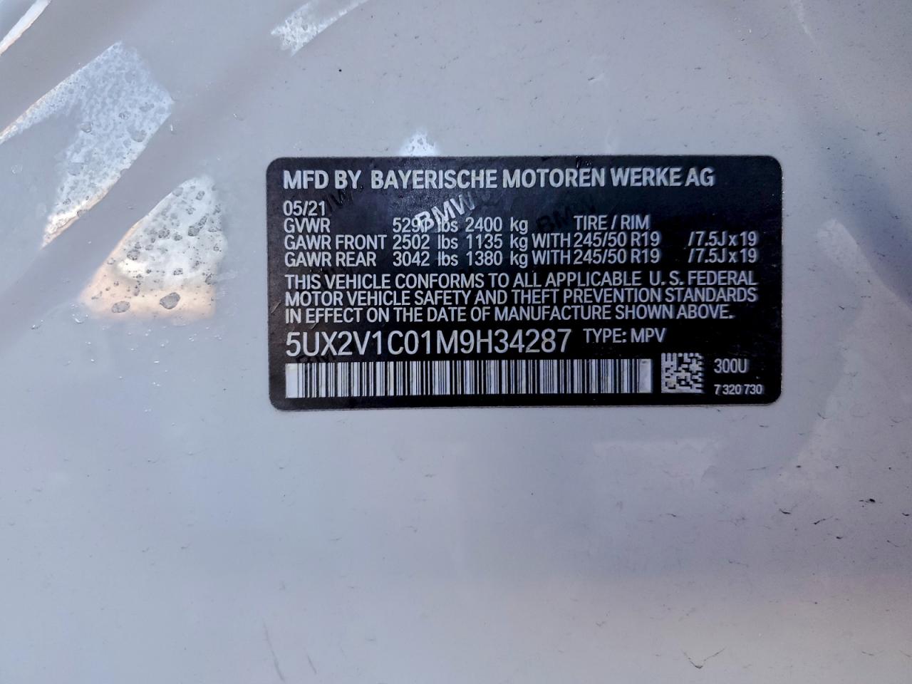 2021 BMW X4 xDrive30I VIN: 5UX2V1C01M9H34287 Lot: 93970285