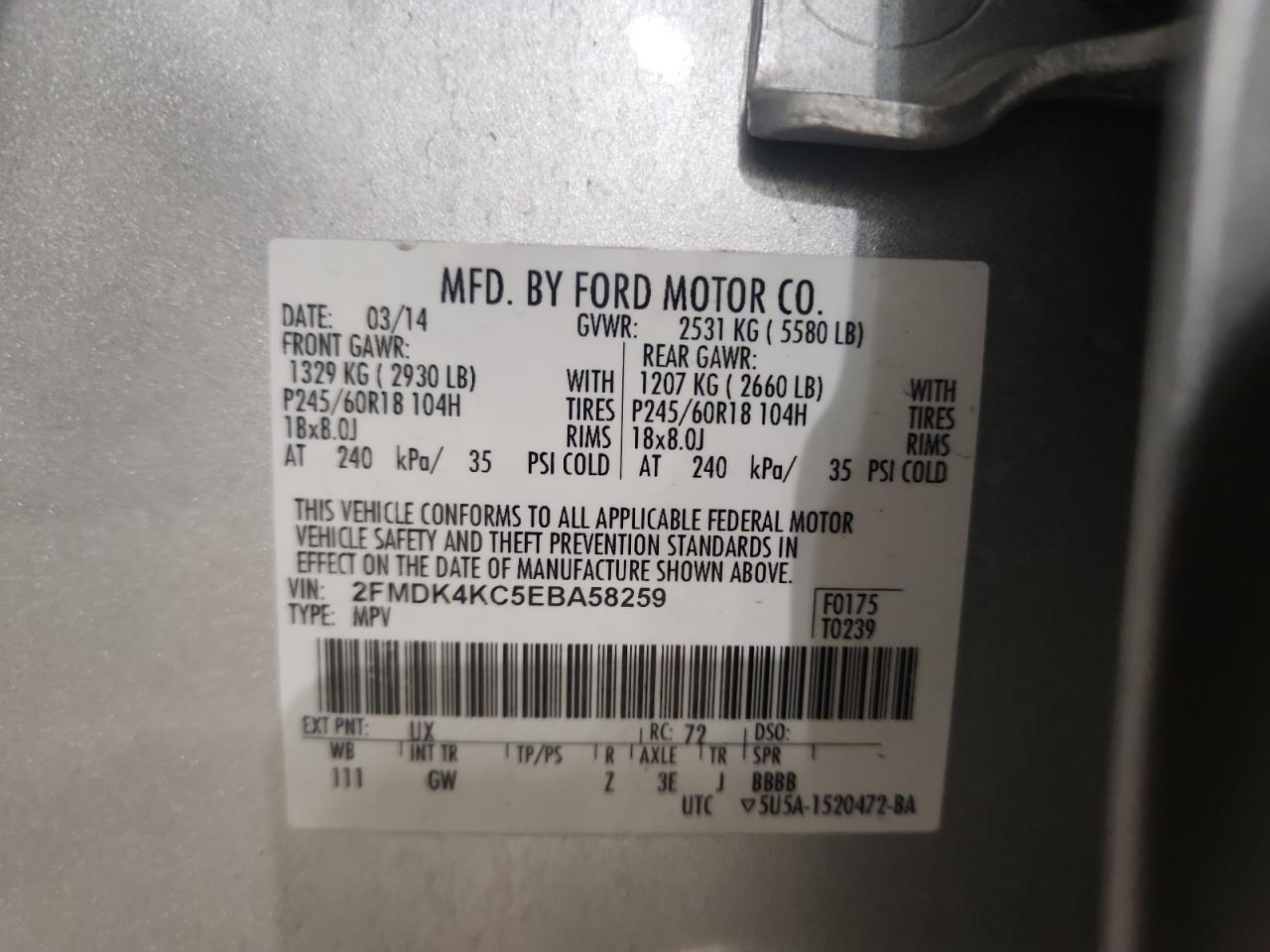 2014 Ford Edge Limited VIN: 2FMDK4KC5EBA58259 Lot: 92828875