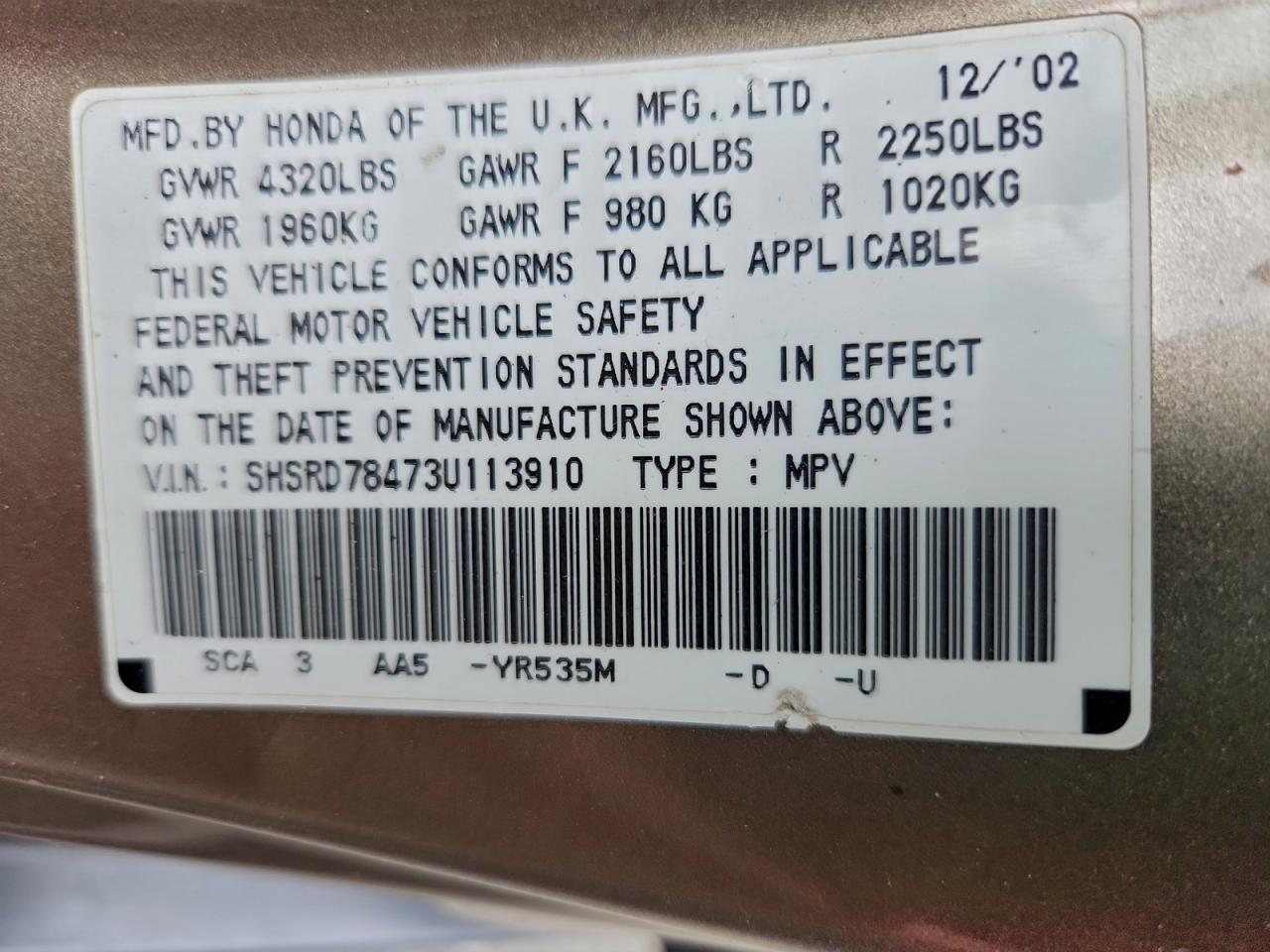 2003 Honda Cr-V Lx VIN: SHSRD78473U113910 Lot: 93005125